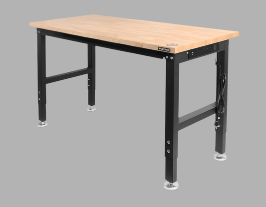 WORKPRO 48" Adjustable Heavy-Duty Workbench w/ Power Outlets, Rubber Wood Top, 2000lbs Load Capacity