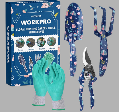 WORKPRO 4PC Aluminum Floral Print Garden Tool Set - Trowel, Rake, Pruner, Garden Gloves