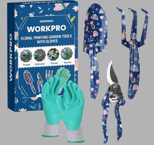WORKPRO 4PC Aluminum Floral Print Garden Tool Set - Trowel, Rake, Pruner, Garden Gloves