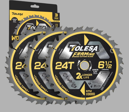 TOLESA 3PC 6.5” Circular Saw Blade 24 Teeth with 5/8" Arbor, ATB Carbide Teeth
