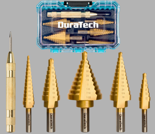 DURATECH 6-Piece Step Drill Bit Set with Automatic Center Punch, 50 Sizes in 5 High Speed Steel, Titanium Coated, Double Flute Cutting Blades Step Drill Bits for Metal, with Storage Case