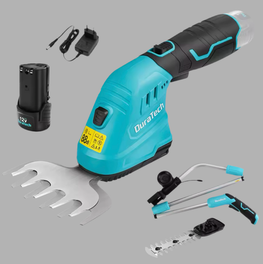 DURATECH 12V 2-in-1 Cordless Hedge Trimmer w/ 2.0Ah Li-Ion Battery, Charger & Storage Bag