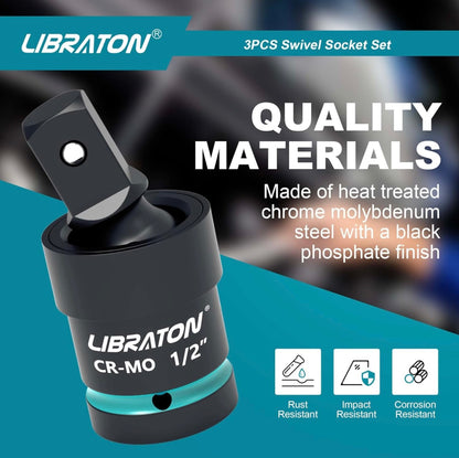 LIBRATON 3PC Impact Swivel Socket - 1/4”, 3/8”, 1/2” Drive