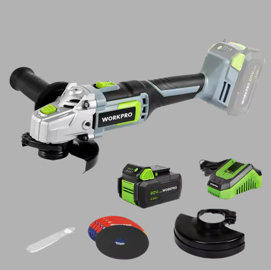 WORKPRO 20V Cordless Angle Grinder Set w/ 4.0Ah battery & Charger, Safety Wheel Guard, 5 Cut-off Wheels, Spanner