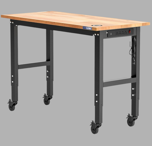 WORKPRO 48"X22" Adjustable Heavy-Duty Workbench w/ Wheels, Rubber Wood Top, Power Outlets, 1000lbs Stationary Load Capacity