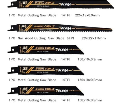 TOLESA 10PC 6” + 9” Metal/Woodcutting 5, 6, 14TPI Reciprocating Saw Blades