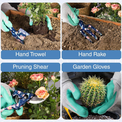 WORKPRO 4PC Aluminum Floral Print Garden Tool Set - Trowel, Rake, Pruner, Garden Gloves