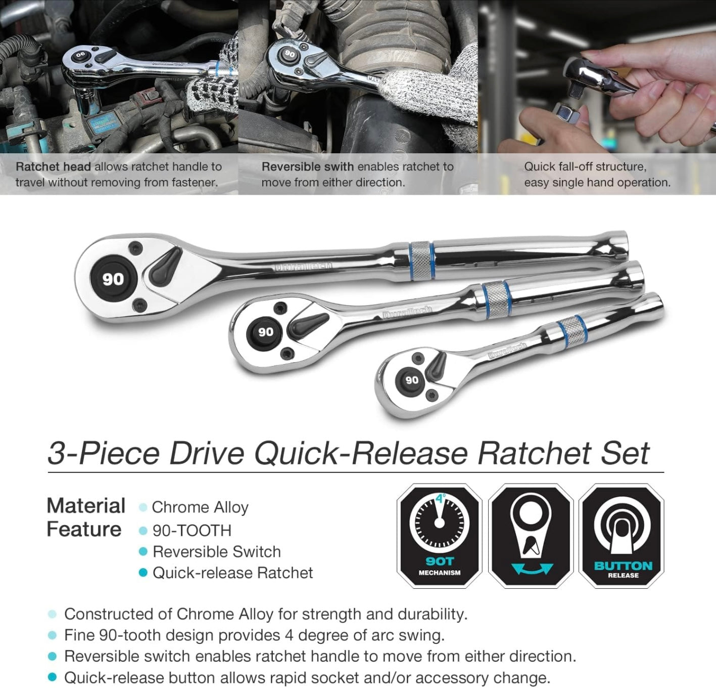 DURATECH 3-Piece Drive Ratchet - 1/4", 3/8", 1/2" Drive