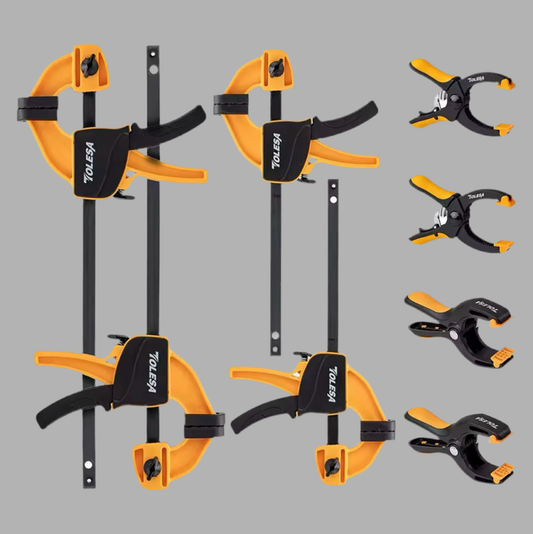 TOLESA 8PC Woodworking Clamps Set- (2)4” Bar Clamps, (2)6” Bar Clamps, (2) 5” Ratcheting Clamps, (2) 4” Spring Clamps