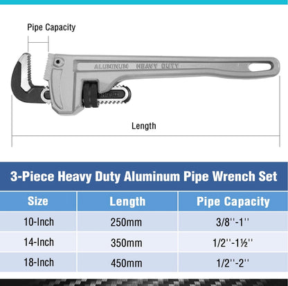 DURATECH 3PC Heavy Duty Aluminum Straight Pipe Wrench Set - 10", 14", 18"