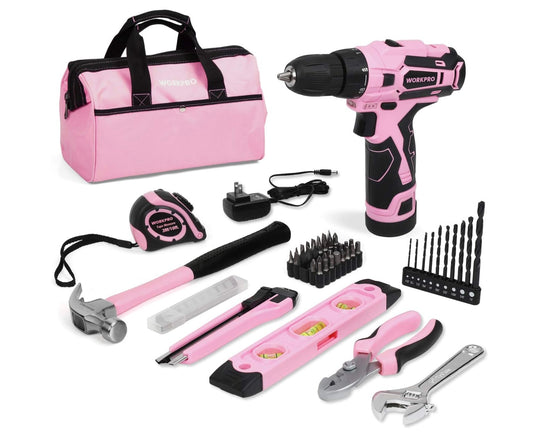 WORKPRO 12V Pink Cordless Drill Driver & Home Tool Kit