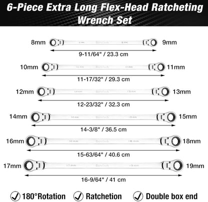 DURATECH 6PC Extra Long Flex-Head Double Box End Ratcheting Wrench Set, Metric 8-19 mm, w/ Roll-Up Pouch