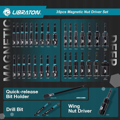 LIBRATON 35Pc Magnetic Nut Driver Set- Metric & SAE w/ Wing Nut Driver, Bit Holder, Drill Bit PH1 & PH2, Toolbox