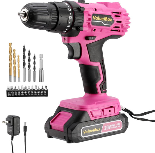 ValueMax 20V Pink Cordless Drill Set w/ Bits, LED Light, Magnetic Holder, 3/8-Inch Keyless Chuck, Battery, Charger