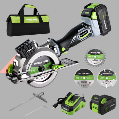 WORKPRO 4-1/2" Compact Cordless Circular Saw, 20V 4.0Ah Battery, Fast Charger, 3 Saw Blades (NO LASER)