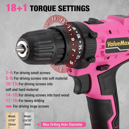 ValueMax 20V Pink Cordless Drill Set w/ Bits, LED Light, Magnetic Holder, 3/8-Inch Keyless Chuck, Battery, Charger
