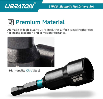 Libraton 31PCS Magnetic Nut Driver/ Impact Drill Driver Bit Set - Metric and SAE w/ Impact Socket Adapters, Bit Holder, Quick-release Extensions, Storage Bag