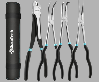 DURATECH 4PC Extra Long Needle Nose Pliers Set, 11" Long Reach Straight Pliers, 90° Bent Nose Pliers, 45° Bent Nose Pliers, 11” Diagonal Pliers w/ Portable Rolling Pouch