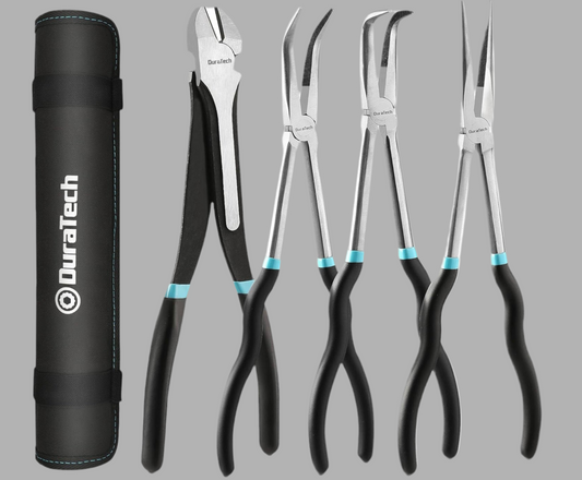 DURATECH 4PC Extra Long Needle Nose Pliers Set, 11" Long Reach Straight Pliers, 90° Bent Nose Pliers, 45° Bent Nose Pliers, 11” Diagonal Pliers w/ Portable Rolling Pouch