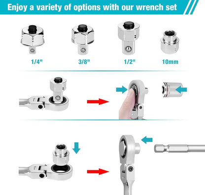 DURATECH 27PC Extra Long Flex Head Double Box End Ratcheting Wrench Set w/ Replacement Heads, Adapers