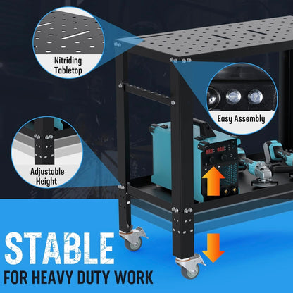 WORKPRO 36”×18” Welding Table w/ Nitriding Tabletop, 5/8" Holes on Top, Casters with Brakes, 1200lbs Load Capacity