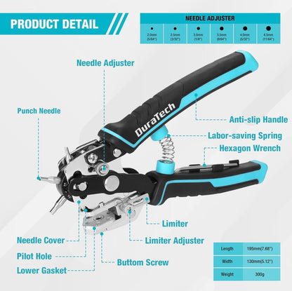 DURATECH Heavy-Duty Leather Hole Punch Pliers w/ 6 Solid Needles