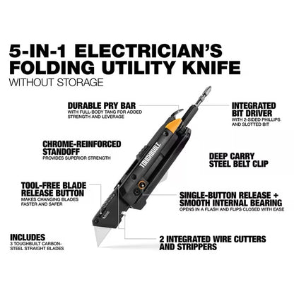 TOUGHBUILT Electricians Folding Utility Knife With Bit Driver + Pry Bar