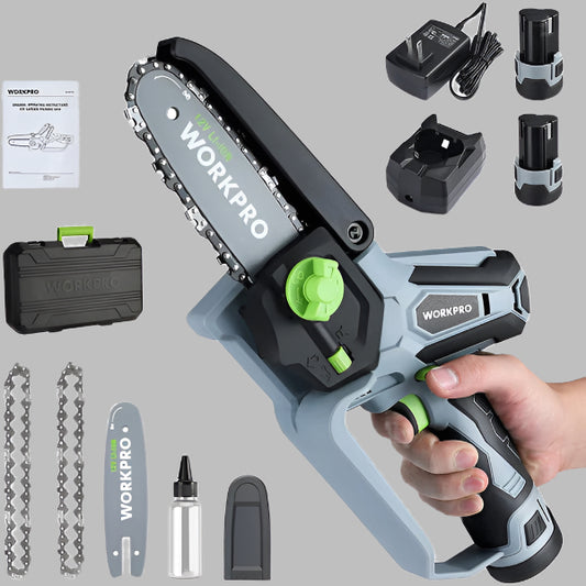 WORKPRO 6.3“ Cordless Electric Compact Chain Saw w/ 2 Batteries, Replacement Guide Bar, & Chain
