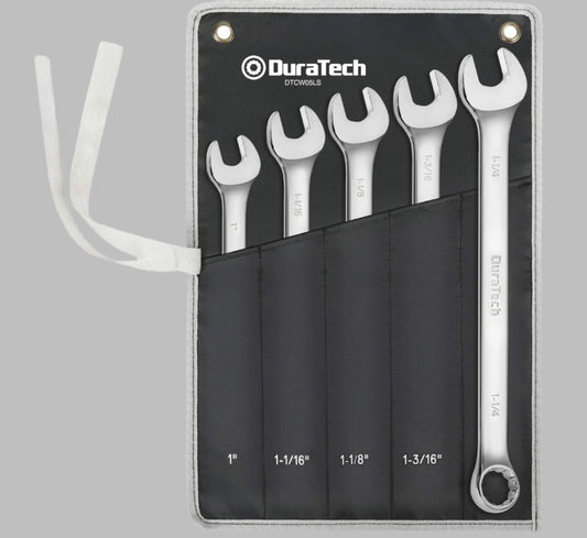 DURATECH 5PC Long Pattern Combination Wrench Set, SAE, 1" to 1-1/4", 12 Point, w/ Rolling Pouch